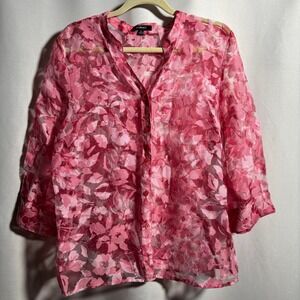 Womens Sheer Pink Floral Button Up Top Linen Blend Fairycore Boho 3/4 Sleeve XL
